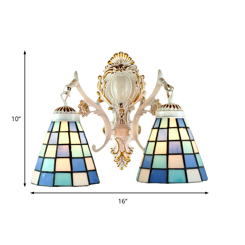 2 Lights Cone Wall Lighting Tiffany Style Stained Glass Wall Sconce with Grid Pattern in White Finish Clearhalo 'Industrial' 'Middle century wall lights' 'Tiffany wall lights' 'Tiffany' 'Wall Lamps & Sconces' 'Wall Lights' Lighting' 184568