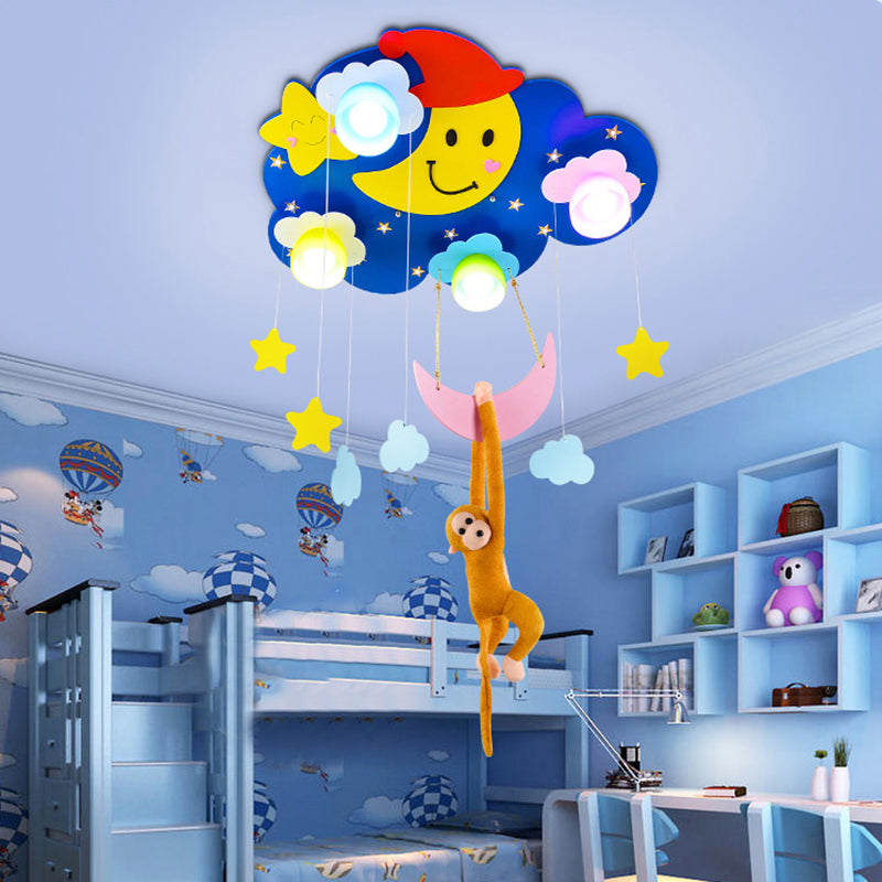 Kids Bedroom Sky Ceiling Lamp with Hanging Monkey Wood 4 Heads Cartoon Blue Flush Mount Light Blue Clearhalo 'Ceiling Lights' 'Close To Ceiling Lights' 'Close to ceiling' 'Flush mount' Lighting' 184569