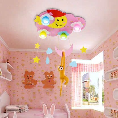 Kids Bedroom Sky Ceiling Lamp with Hanging Monkey Wood 4 Heads Cartoon Blue Flush Mount Light Pink Clearhalo 'Ceiling Lights' 'Close To Ceiling Lights' 'Close to ceiling' 'Flush mount' Lighting' 184576