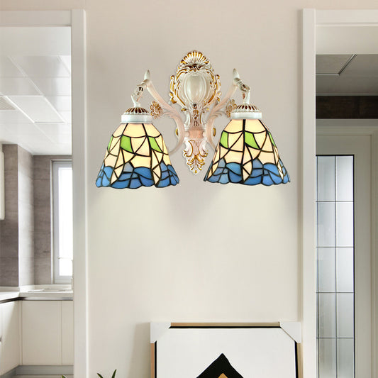 2 Lights Bell Wall Fixture Light Lodge Stained Glass Flower Wall Sconce Lighting for Bedroom Lighting Beige Clearhalo 'Industrial' 'Middle century wall lights' 'Tiffany wall lights' 'Tiffany' 'Wall Lamps & Sconces' 'Wall Lights' Lighting' 184593