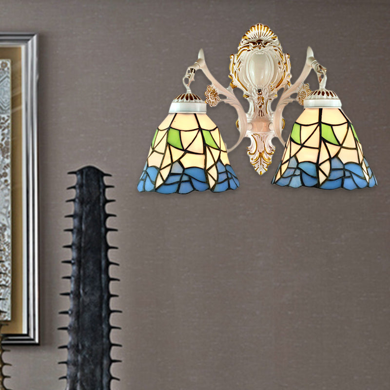 2 Lights Bell Wall Fixture Light Lodge Stained Glass Flower Wall Sconce Lighting for Bedroom Lighting Clearhalo 'Industrial' 'Middle century wall lights' 'Tiffany wall lights' 'Tiffany' 'Wall Lamps & Sconces' 'Wall Lights' Lighting' 184594