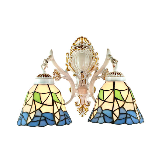 2 Lights Bell Wall Fixture Light Lodge Stained Glass Flower Wall Sconce Lighting for Bedroom Lighting Clearhalo 'Industrial' 'Middle century wall lights' 'Tiffany wall lights' 'Tiffany' 'Wall Lamps & Sconces' 'Wall Lights' Lighting' 184595