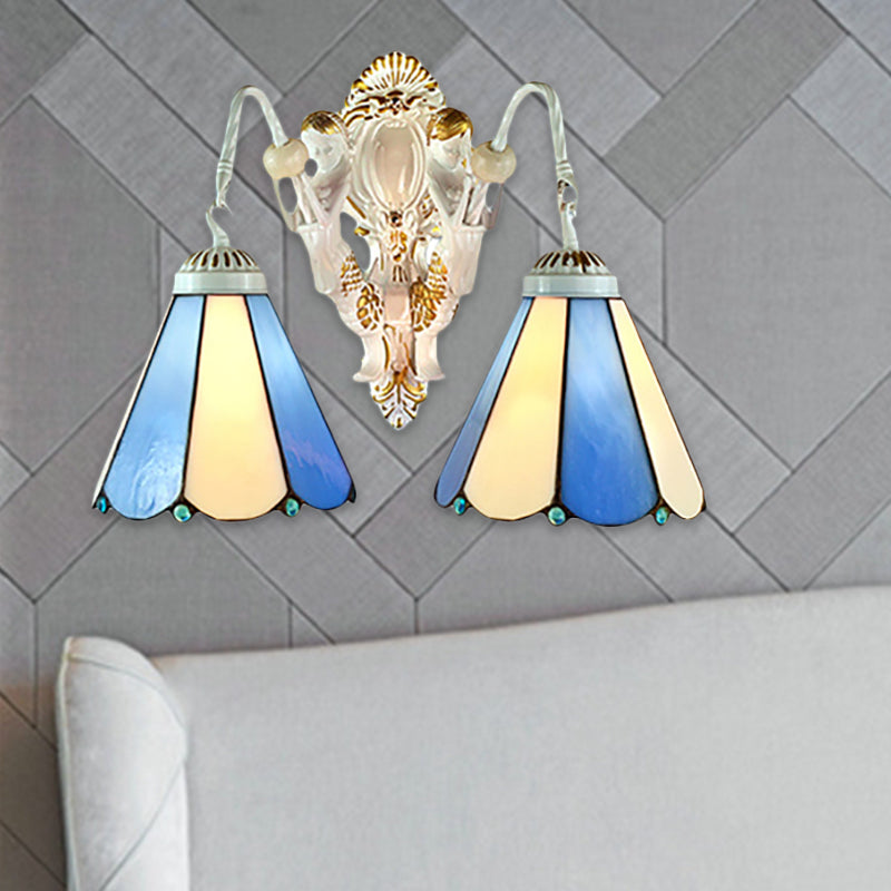 White Conical Wall Mounted Light Mediterranean 2 Heads Blue-Beige Glass Sconce Light White Clearhalo 'Industrial' 'Middle century wall lights' 'Tiffany wall lights' 'Tiffany' 'Wall Lamps & Sconces' 'Wall Lights' Lighting' 184602