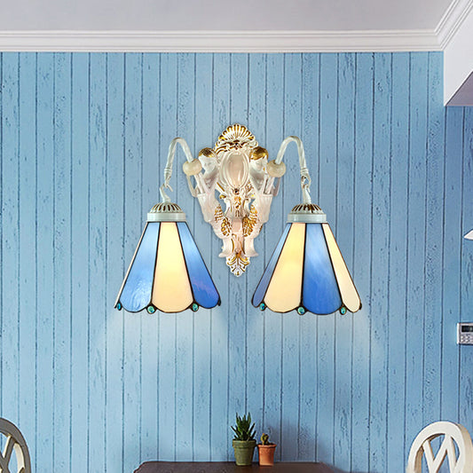 White Conical Wall Mounted Light Mediterranean 2 Heads Blue-Beige Glass Sconce Light Clearhalo 'Industrial' 'Middle century wall lights' 'Tiffany wall lights' 'Tiffany' 'Wall Lamps & Sconces' 'Wall Lights' Lighting' 184603