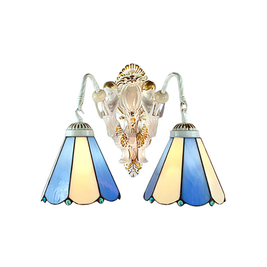 White Conical Wall Mounted Light Mediterranean 2 Heads Blue-Beige Glass Sconce Light Clearhalo 'Industrial' 'Middle century wall lights' 'Tiffany wall lights' 'Tiffany' 'Wall Lamps & Sconces' 'Wall Lights' Lighting' 184604