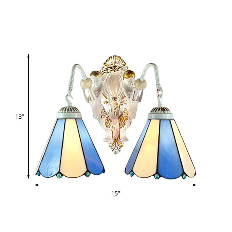 White Conical Wall Mounted Light Mediterranean 2 Heads Blue-Beige Glass Sconce Light Clearhalo 'Industrial' 'Middle century wall lights' 'Tiffany wall lights' 'Tiffany' 'Wall Lamps & Sconces' 'Wall Lights' Lighting' 184605