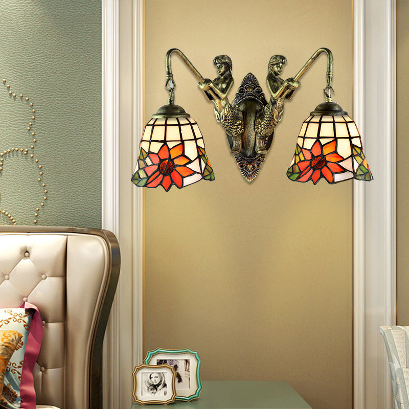 Antique Bronze Bell Wall Mounted Light Tiffany 2 Heads Frosted Glass Mermaid Sconce Light for Bedside Antique Bronze Clearhalo 'Industrial' 'Middle century wall lights' 'Tiffany wall lights' 'Tiffany' 'Wall Lamps & Sconces' 'Wall Lights' Lighting' 184611