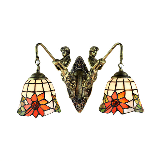 Antique Bronze Bell Wall Mounted Light Tiffany 2 Heads Frosted Glass Mermaid Sconce Light for Bedside Clearhalo 'Industrial' 'Middle century wall lights' 'Tiffany wall lights' 'Tiffany' 'Wall Lamps & Sconces' 'Wall Lights' Lighting' 184613