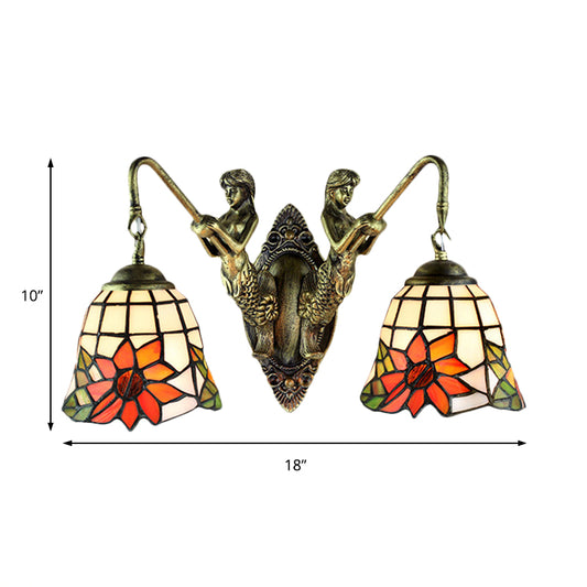 Antique Bronze Bell Wall Mounted Light Tiffany 2 Heads Frosted Glass Mermaid Sconce Light for Bedside Clearhalo 'Industrial' 'Middle century wall lights' 'Tiffany wall lights' 'Tiffany' 'Wall Lamps & Sconces' 'Wall Lights' Lighting' 184614