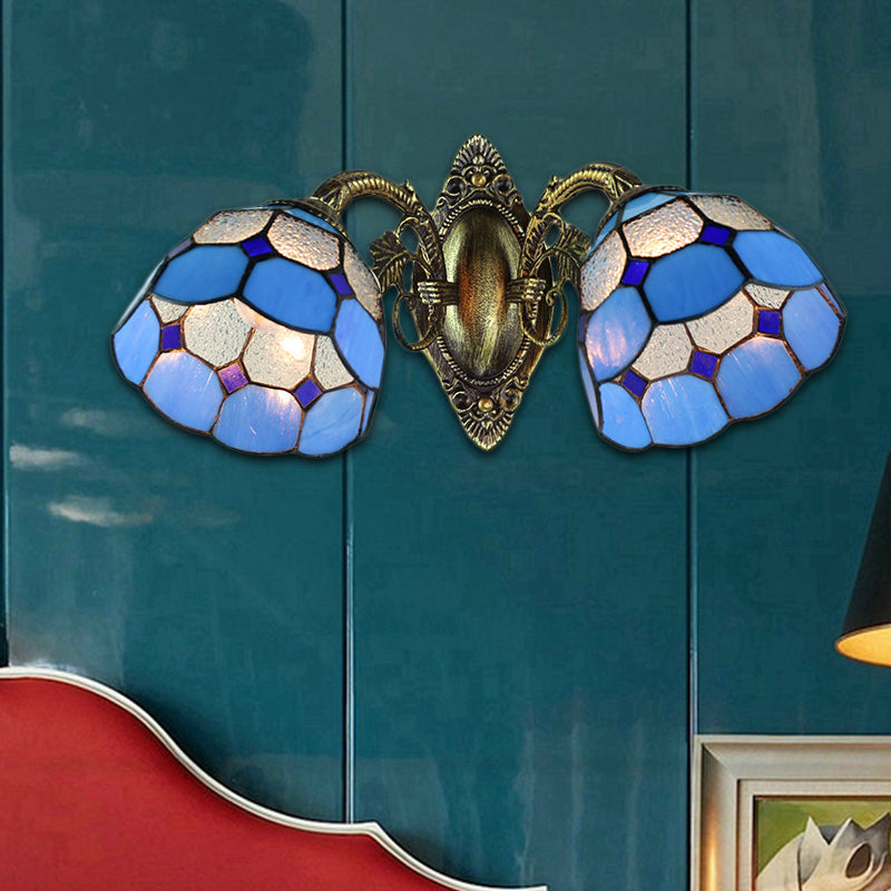Dome Shade Wall Sconce Industrial Vintage Stained Glass 2 Heads Wall Fixture Light in Blue Blue Clearhalo 'Industrial' 'Middle century wall lights' 'Tiffany wall lights' 'Tiffany' 'Wall Lamps & Sconces' 'Wall Lights' Lighting' 184653