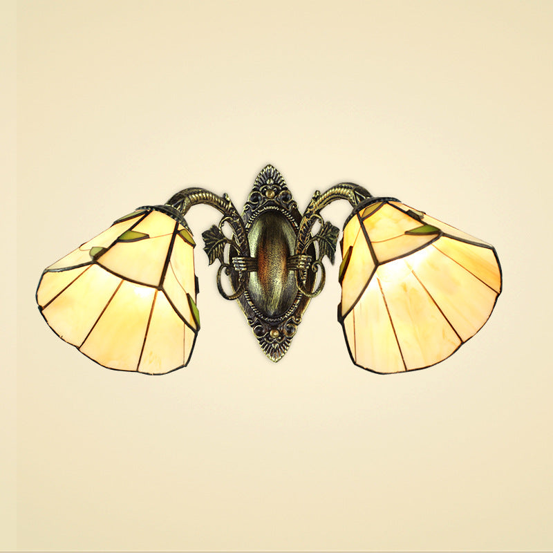 Scalloped Shade Wall Sconce Industrial Vintage Stained Glass 2 Heads Wall Lamp Fixture with Leaf Pattern Clearhalo 'Industrial' 'Middle century wall lights' 'Tiffany wall lights' 'Tiffany' 'Wall Lamps & Sconces' 'Wall Lights' Lighting' 184657