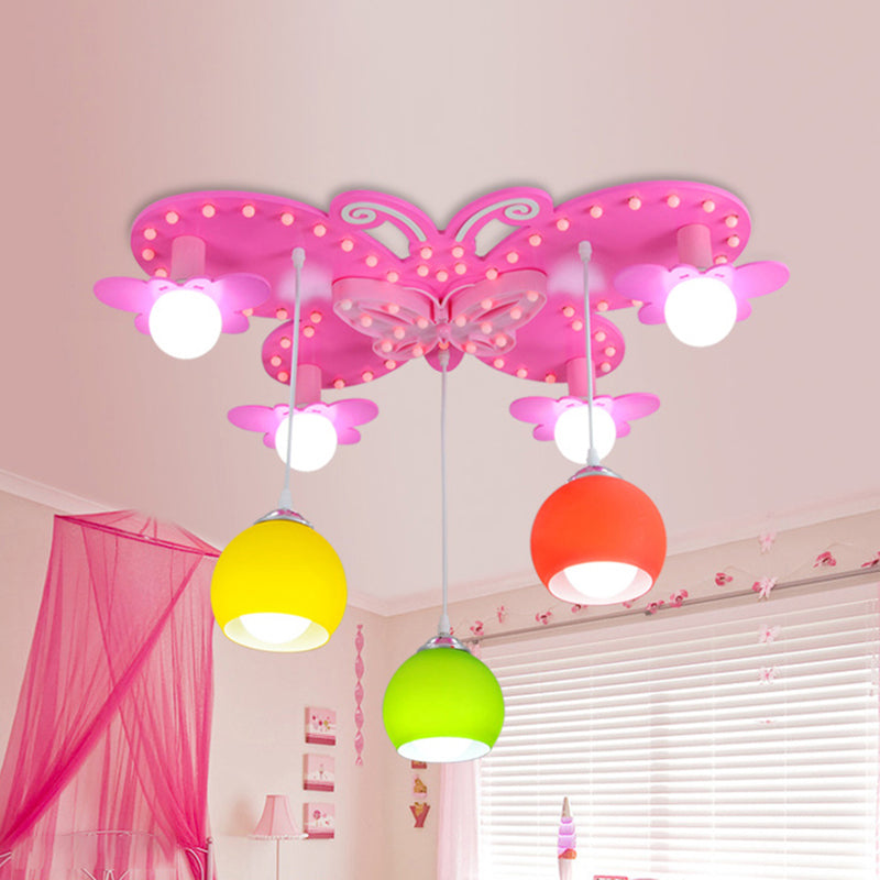 Lovely Pink Semi Flush Mount Light Butterfly 7 Lights Wood Ceiling Lamp for Girls Bedroom Clearhalo 'Ceiling Lights' 'Close To Ceiling Lights' 'Close to ceiling' 'Glass shade' 'Glass' 'Pendant Lights' 'Semi-flushmount' Lighting' 184661