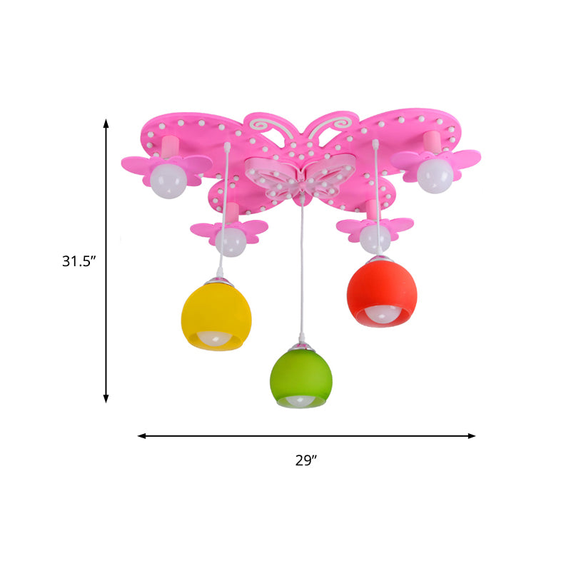 Lovely Pink Semi Flush Mount Light Butterfly 7 Lights Wood Ceiling Lamp for Girls Bedroom Clearhalo 'Ceiling Lights' 'Close To Ceiling Lights' 'Close to ceiling' 'Glass shade' 'Glass' 'Pendant Lights' 'Semi-flushmount' Lighting' 184664