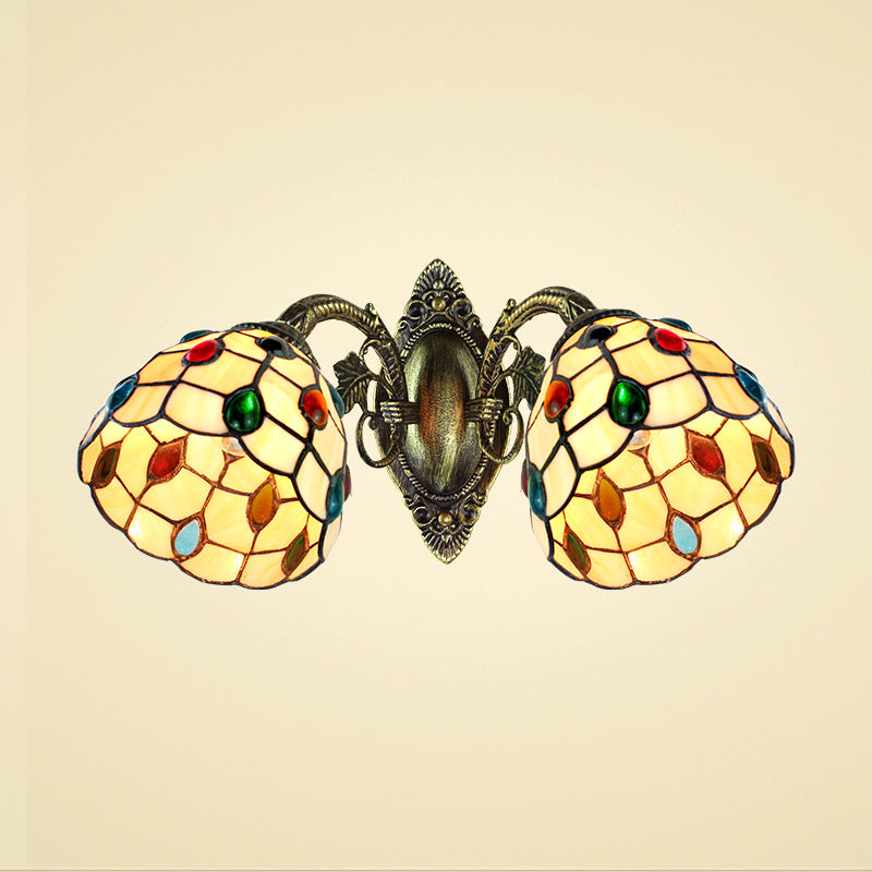 Tiffany Style Domed Wall Lighting Stained Glass 2 Heads Jewel Wall Mount Fixture for Stairway Clearhalo 'Industrial' 'Middle century wall lights' 'Tiffany wall lights' 'Tiffany' 'Wall Lamps & Sconces' 'Wall Lights' Lighting' 184672