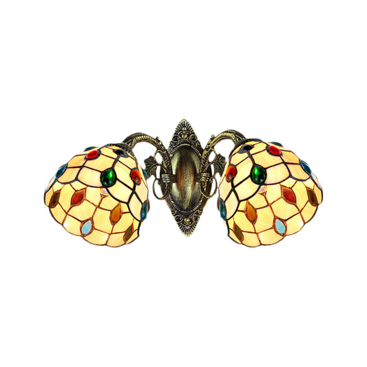 Tiffany Style Domed Wall Lighting Stained Glass 2 Heads Jewel Wall Mount Fixture for Stairway Clearhalo 'Industrial' 'Middle century wall lights' 'Tiffany wall lights' 'Tiffany' 'Wall Lamps & Sconces' 'Wall Lights' Lighting' 184673