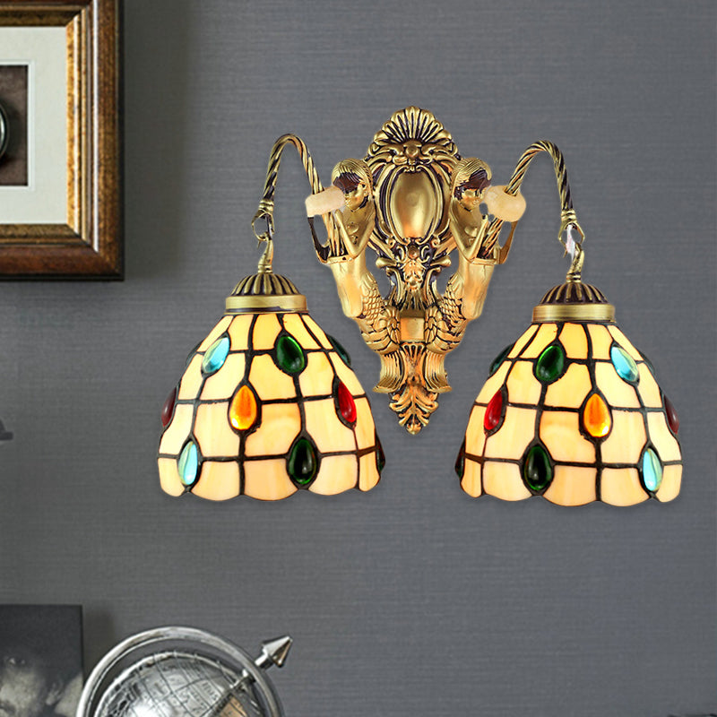 Jeweled Beige Glass Sconce Light Fixture 2 Heads Brass Wall Mount Light for Bedroom Beige Clearhalo 'Industrial' 'Middle century wall lights' 'Tiffany wall lights' 'Tiffany' 'Wall Lamps & Sconces' 'Wall Lights' Lighting' 184680