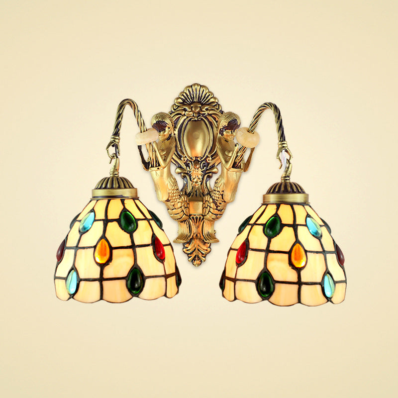 Jeweled Beige Glass Sconce Light Fixture 2 Heads Brass Wall Mount Light for Bedroom Clearhalo 'Industrial' 'Middle century wall lights' 'Tiffany wall lights' 'Tiffany' 'Wall Lamps & Sconces' 'Wall Lights' Lighting' 184681