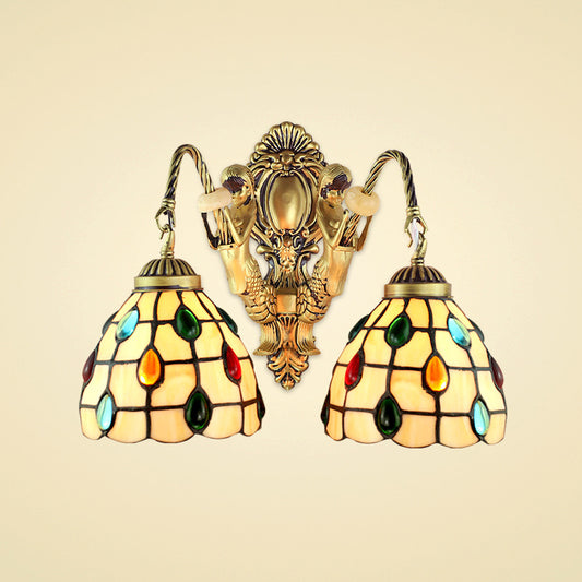Jeweled Beige Glass Sconce Light Fixture 2 Heads Brass Wall Mount Light for Bedroom - Clearhalo - 'Industrial' - 'Middle century wall lights' - 'Tiffany wall lights' - 'Tiffany' - 'Wall Lamps & Sconces' - 'Wall Lights' - Lighting' - 184681