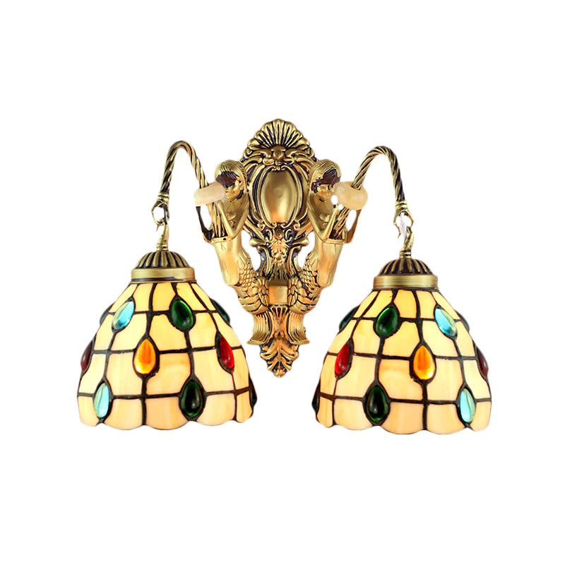 Jeweled Beige Glass Sconce Light Fixture 2 Heads Brass Wall Mount Light for Bedroom Clearhalo 'Industrial' 'Middle century wall lights' 'Tiffany wall lights' 'Tiffany' 'Wall Lamps & Sconces' 'Wall Lights' Lighting' 184682