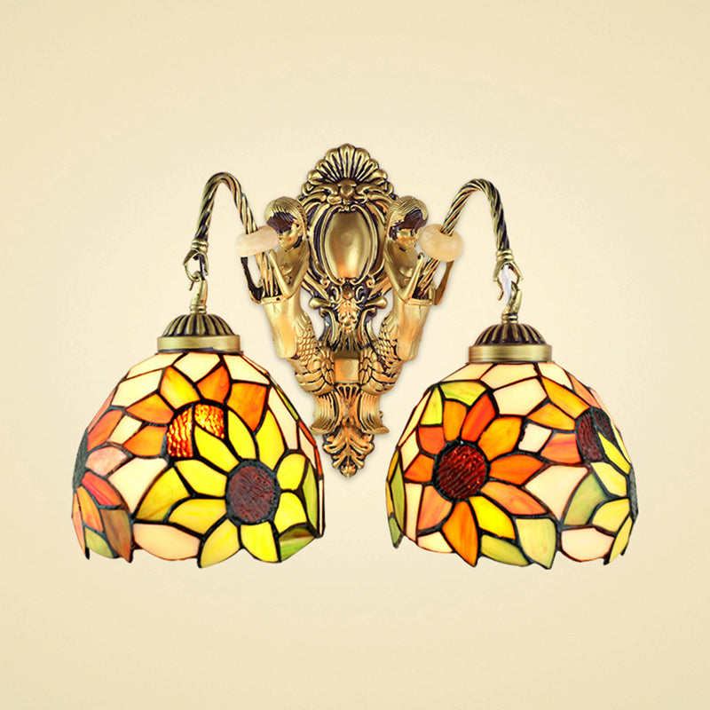 Tiffany Sunflower Wall Mount Light Yellow Glass 2 Lights Bathroom Vanity Sconce Light Clearhalo 'Industrial' 'Middle century wall lights' 'Tiffany wall lights' 'Tiffany' 'Wall Lamps & Sconces' 'Wall Lights' Lighting' 184692