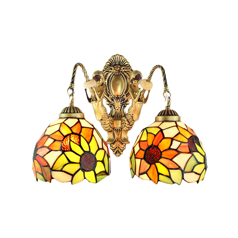 Tiffany Sunflower Wall Mount Light Yellow Glass 2 Lights Bathroom Vanity Sconce Light Clearhalo 'Industrial' 'Middle century wall lights' 'Tiffany wall lights' 'Tiffany' 'Wall Lamps & Sconces' 'Wall Lights' Lighting' 184693
