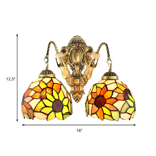 Tiffany Sunflower Wall Mount Light Yellow Glass 2 Lights Bathroom Vanity Sconce Light Clearhalo 'Industrial' 'Middle century wall lights' 'Tiffany wall lights' 'Tiffany' 'Wall Lamps & Sconces' 'Wall Lights' Lighting' 184694