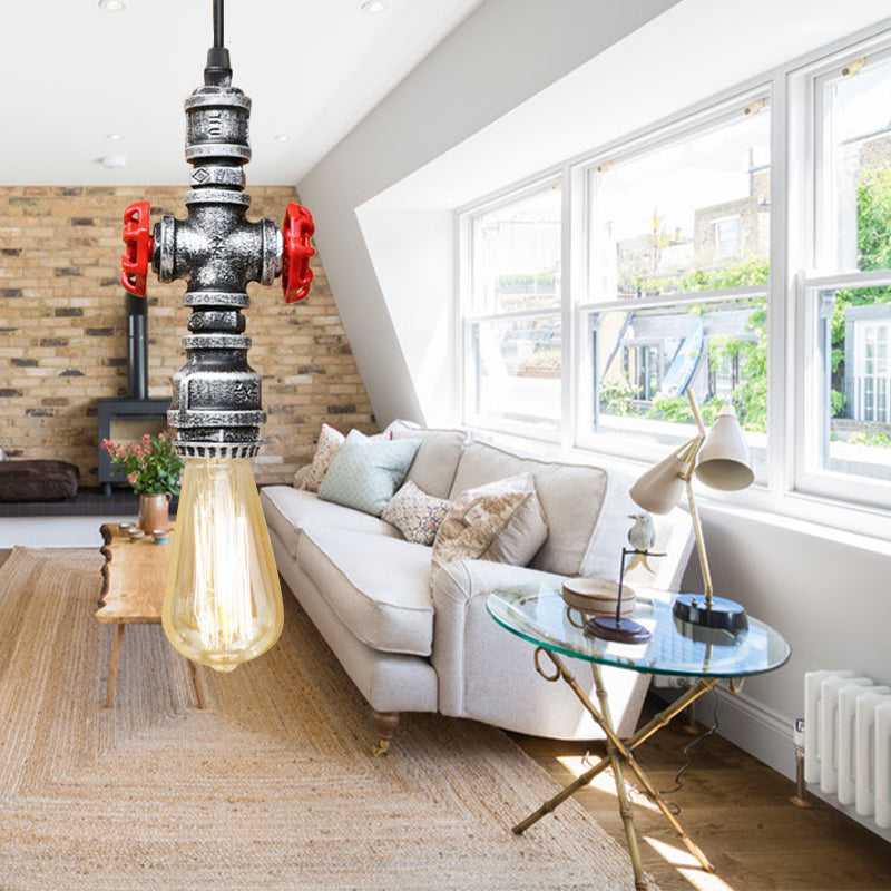 1 Head Metal Pendant Lighting Antique Style Black/Silver Exposed Bulb Restaurant Hanging Lamp with Pipe and Valve Silver Clearhalo 'Art Deco Pendants' 'Black' 'Cast Iron' 'Ceiling Lights' 'Ceramic' 'Crystal' 'Industrial Pendants' 'Industrial' 'Metal' 'Middle Century Pendants' 'Pendant Lights' 'Pendants' 'Rustic Pendants' 'Tiffany' Lighting' 184716