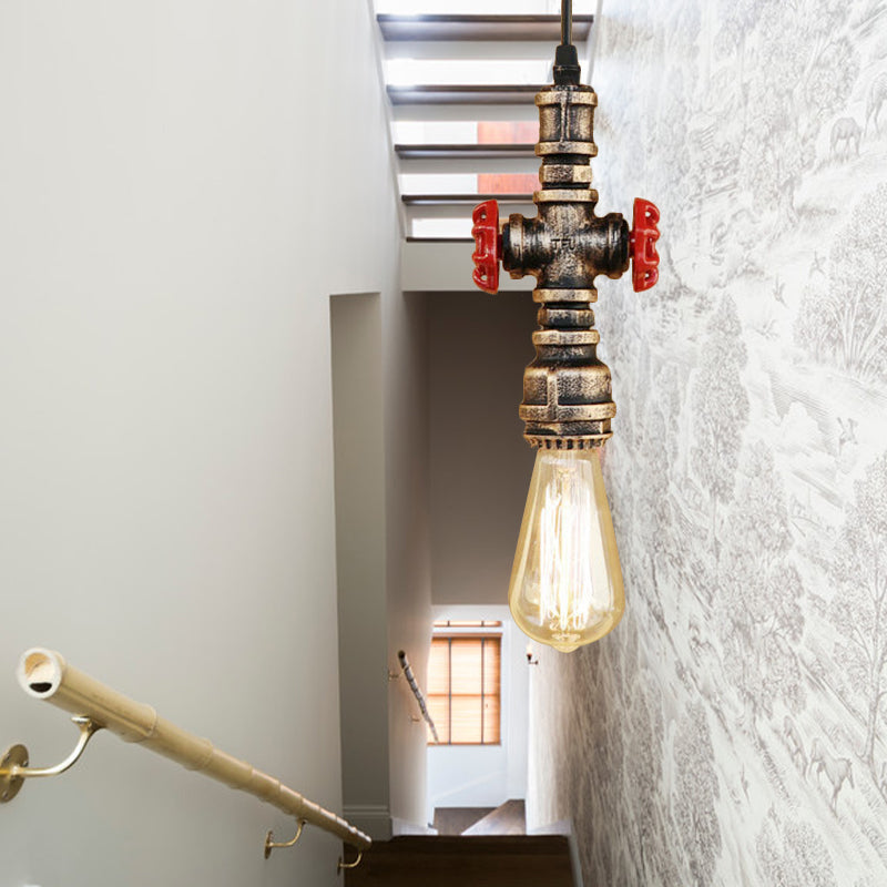 1 Head Metal Pendant Lighting Antique Style Black/Silver Exposed Bulb Restaurant Hanging Lamp with Pipe and Valve Antique Brass Clearhalo 'Art Deco Pendants' 'Black' 'Cast Iron' 'Ceiling Lights' 'Ceramic' 'Crystal' 'Industrial Pendants' 'Industrial' 'Metal' 'Middle Century Pendants' 'Pendant Lights' 'Pendants' 'Rustic Pendants' 'Tiffany' Lighting' 184722