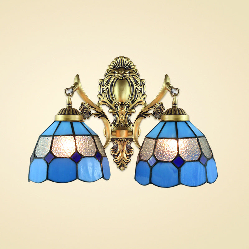Vintage Domed Wall Lighting Stained Glass 2 Heads Wall Mount Fixture in Blue for Stairway Clearhalo 'Industrial' 'Middle century wall lights' 'Tiffany wall lights' 'Tiffany' 'Wall Lamps & Sconces' 'Wall Lights' Lighting' 184734