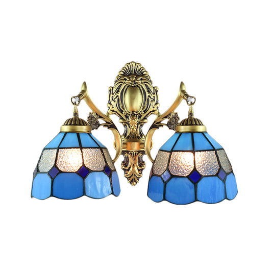 Vintage Domed Wall Lighting Stained Glass 2 Heads Wall Mount Fixture in Blue for Stairway Clearhalo 'Industrial' 'Middle century wall lights' 'Tiffany wall lights' 'Tiffany' 'Wall Lamps & Sconces' 'Wall Lights' Lighting' 184735