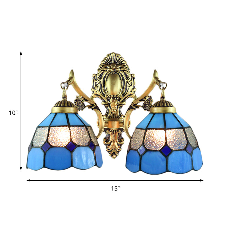 Vintage Domed Wall Lighting Stained Glass 2 Heads Wall Mount Fixture in Blue for Stairway Clearhalo 'Industrial' 'Middle century wall lights' 'Tiffany wall lights' 'Tiffany' 'Wall Lamps & Sconces' 'Wall Lights' Lighting' 184736
