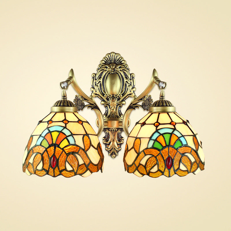 Multicolored Domed Wall Lamp Victorian Stained Glass 2 Heads Wall Fixture Light for Dining Room Clearhalo 'Industrial' 'Middle century wall lights' 'Tiffany wall lights' 'Tiffany' 'Wall Lamps & Sconces' 'Wall Lights' Lighting' 184742