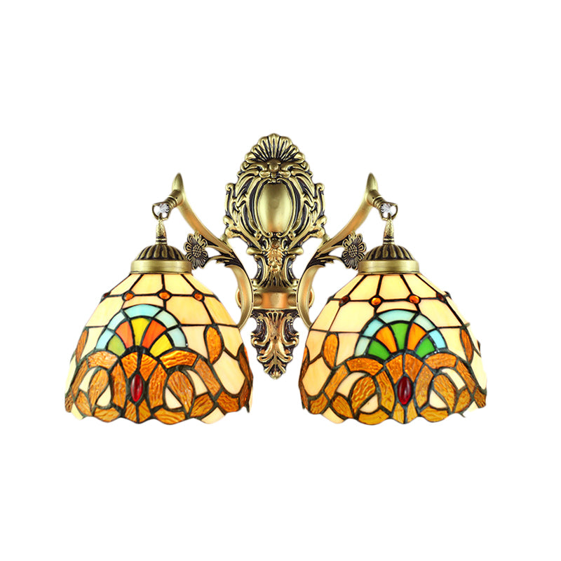 Multicolored Domed Wall Lamp Victorian Stained Glass 2 Heads Wall Fixture Light for Dining Room Clearhalo 'Industrial' 'Middle century wall lights' 'Tiffany wall lights' 'Tiffany' 'Wall Lamps & Sconces' 'Wall Lights' Lighting' 184743