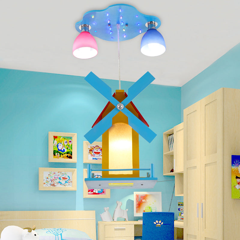 Cartoon House Ceiling Light with Windmill Metal 3 Lights Blue Semi Flush Light for Shop Blue Clearhalo 'Ceiling Lights' 'Close To Ceiling Lights' 'Close to ceiling' 'Semi-flushmount' Lighting' 184753