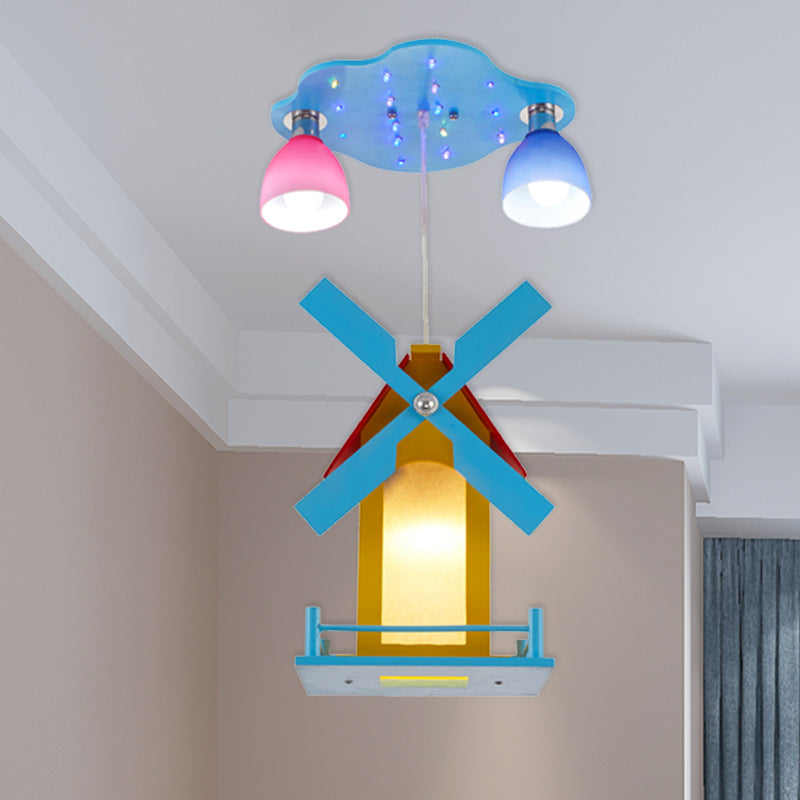 Cartoon House Ceiling Light with Windmill Metal 3 Lights Blue Semi Flush Light for Shop Clearhalo 'Ceiling Lights' 'Close To Ceiling Lights' 'Close to ceiling' 'Semi-flushmount' Lighting' 184754