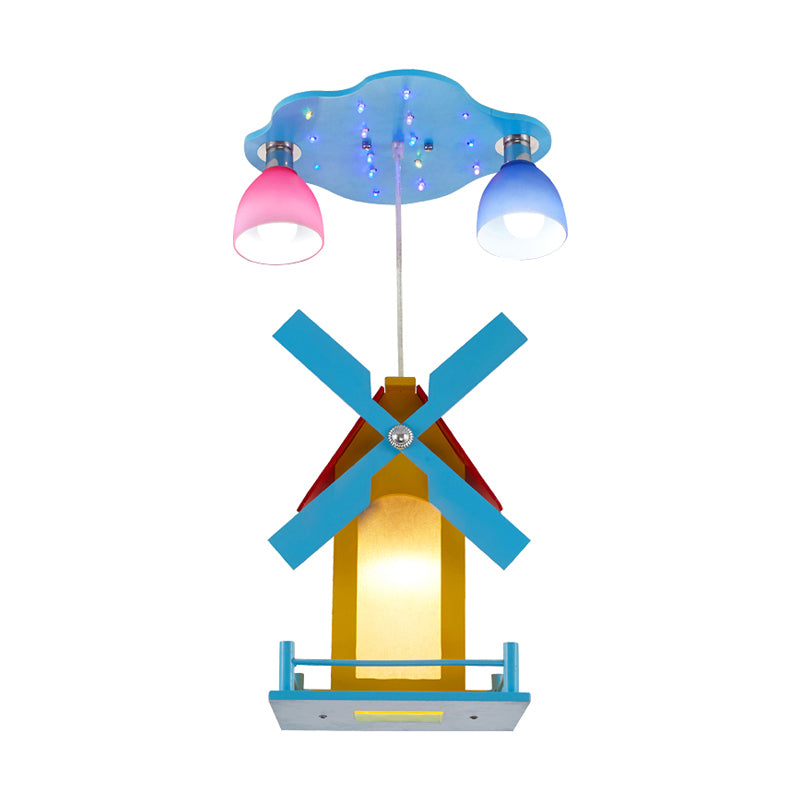 Cartoon House Ceiling Light with Windmill Metal 3 Lights Blue Semi Flush Light for Shop Clearhalo 'Ceiling Lights' 'Close To Ceiling Lights' 'Close to ceiling' 'Semi-flushmount' Lighting' 184755