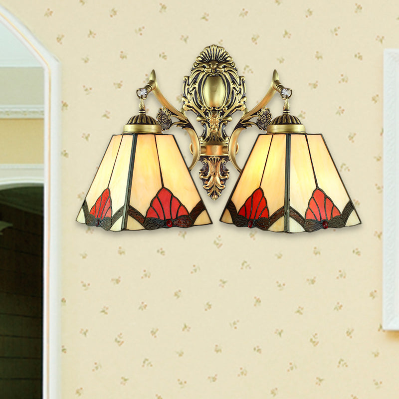 Beige Pyramid Wall Lamp Retro Style Stained Glass 2 Heads Wall Fixture Light for Living Room Beige Clearhalo 'Industrial' 'Middle century wall lights' 'Tiffany wall lights' 'Tiffany' 'Wall Lamps & Sconces' 'Wall Lights' Lighting' 184830