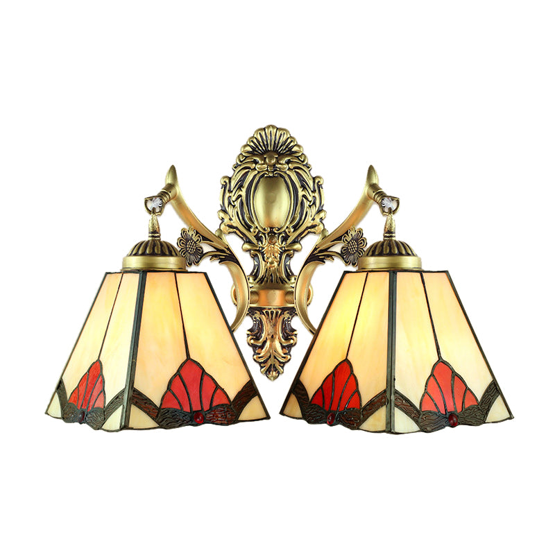 Beige Pyramid Wall Lamp Retro Style Stained Glass 2 Heads Wall Fixture Light for Living Room Clearhalo 'Industrial' 'Middle century wall lights' 'Tiffany wall lights' 'Tiffany' 'Wall Lamps & Sconces' 'Wall Lights' Lighting' 184832