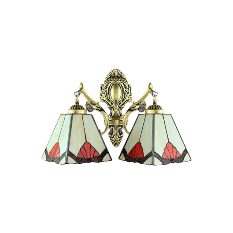 Beige Pyramid Wall Lamp Retro Style Stained Glass 2 Heads Wall Fixture Light for Living Room Clearhalo 'Industrial' 'Middle century wall lights' 'Tiffany wall lights' 'Tiffany' 'Wall Lamps & Sconces' 'Wall Lights' Lighting' 184833