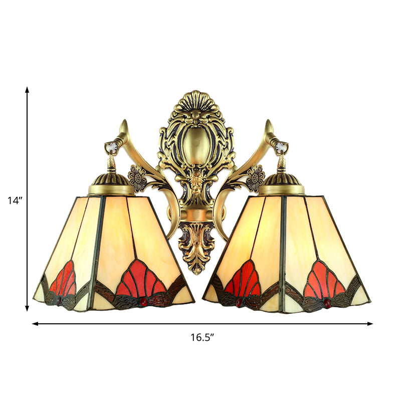 Beige Pyramid Wall Lamp Retro Style Stained Glass 2 Heads Wall Fixture Light for Living Room Clearhalo 'Industrial' 'Middle century wall lights' 'Tiffany wall lights' 'Tiffany' 'Wall Lamps & Sconces' 'Wall Lights' Lighting' 184834