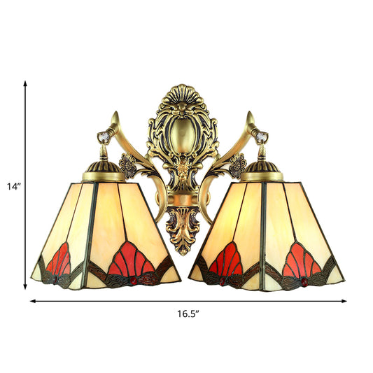 Beige Pyramid Wall Lamp Retro Style Stained Glass 2 Heads Wall Fixture Light for Living Room - Clearhalo - 'Industrial' - 'Middle century wall lights' - 'Tiffany wall lights' - 'Tiffany' - 'Wall Lamps & Sconces' - 'Wall Lights' - Lighting' - 184834