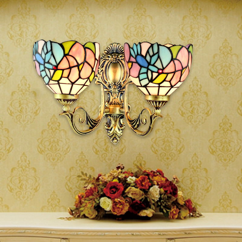 Bowl Wall Lamp Rustic Stained Glass 2 Heads Wall Fixture Light with Art Pattern for Dining Room Blue-Pink Clearhalo 'Industrial' 'Middle century wall lights' 'Tiffany wall lights' 'Tiffany' 'Wall Lamps & Sconces' 'Wall Lights' Lighting' 184850