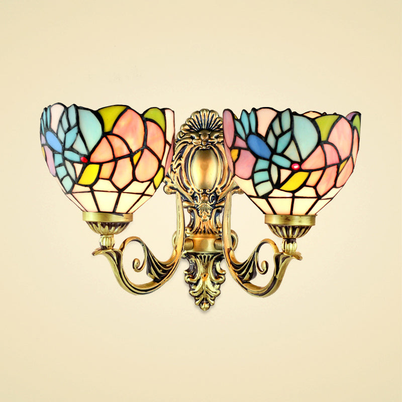 Bowl Wall Lamp Rustic Stained Glass 2 Heads Wall Fixture Light with Art Pattern for Dining Room Clearhalo 'Industrial' 'Middle century wall lights' 'Tiffany wall lights' 'Tiffany' 'Wall Lamps & Sconces' 'Wall Lights' Lighting' 184851