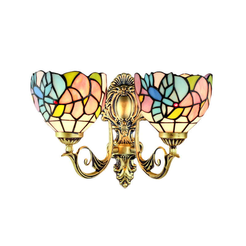 Bowl Wall Lamp Rustic Stained Glass 2 Heads Wall Fixture Light with Art Pattern for Dining Room Clearhalo 'Industrial' 'Middle century wall lights' 'Tiffany wall lights' 'Tiffany' 'Wall Lamps & Sconces' 'Wall Lights' Lighting' 184852