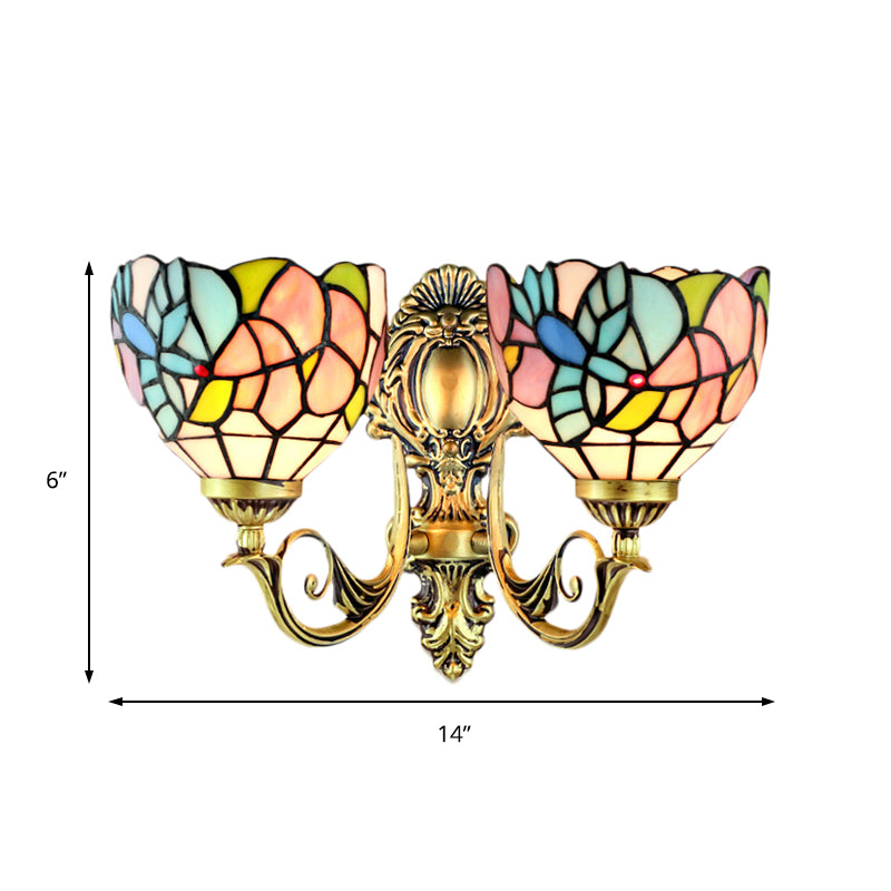 Bowl Wall Lamp Rustic Stained Glass 2 Heads Wall Fixture Light with Art Pattern for Dining Room Clearhalo 'Industrial' 'Middle century wall lights' 'Tiffany wall lights' 'Tiffany' 'Wall Lamps & Sconces' 'Wall Lights' Lighting' 184853