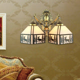 Small House Wall Sconce Retro Style Stained Glass 2 Heads Wall Light with Deer and Tree Pattern Beige Clearhalo 'Industrial' 'Middle century wall lights' 'Tiffany wall lights' 'Tiffany' 'Wall Lamps & Sconces' 'Wall Lights' Lighting' 184854