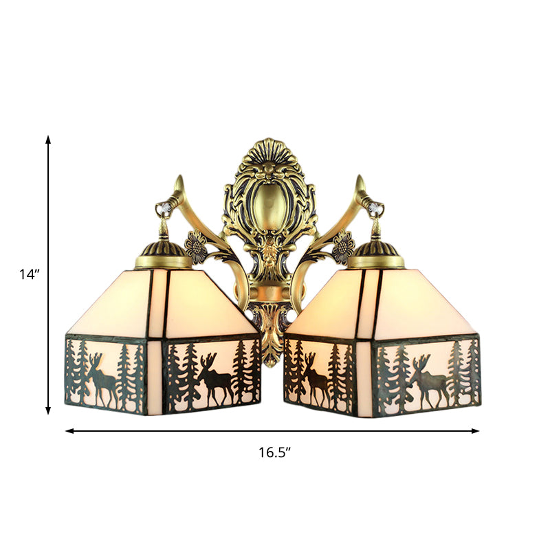 Small House Wall Sconce Retro Style Stained Glass 2 Heads Wall Light with Deer and Tree Pattern Clearhalo 'Industrial' 'Middle century wall lights' 'Tiffany wall lights' 'Tiffany' 'Wall Lamps & Sconces' 'Wall Lights' Lighting' 184857