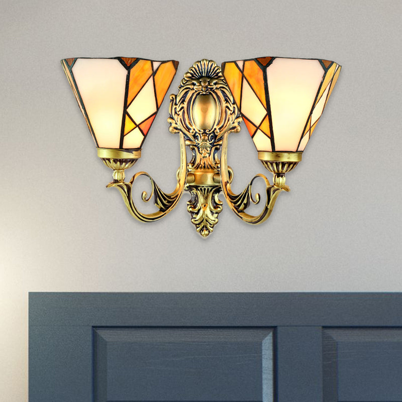 Geometric Wall Sconce Lighting Tiffany Style Stained Glass 2 Heads Wall Sconce Lamp Fixture in Beige Beige Clearhalo 'Industrial' 'Middle century wall lights' 'Tiffany wall lights' 'Tiffany' 'Wall Lamps & Sconces' 'Wall Lights' Lighting' 184858
