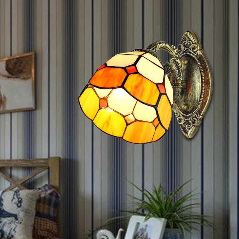 Domed Wall Sconce Lighting Tiffany Stained Glass 1 Head Wall Sconce Lamp Fixture in Yellow Yellow Clearhalo 'Industrial' 'Middle century wall lights' 'Tiffany wall lights' 'Tiffany' 'Wall Lamps & Sconces' 'Wall Lights' Lighting' 184866