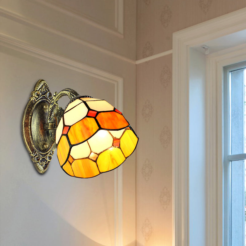Domed Wall Sconce Lighting Tiffany Stained Glass 1 Head Wall Sconce Lamp Fixture in Yellow Clearhalo 'Industrial' 'Middle century wall lights' 'Tiffany wall lights' 'Tiffany' 'Wall Lamps & Sconces' 'Wall Lights' Lighting' 184867